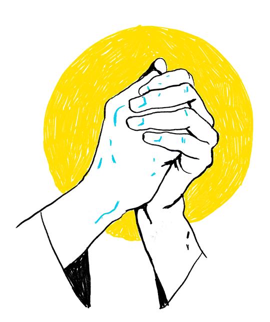 Stilisiertes Bild von betenden Händen vor gelbem Hintergrund.