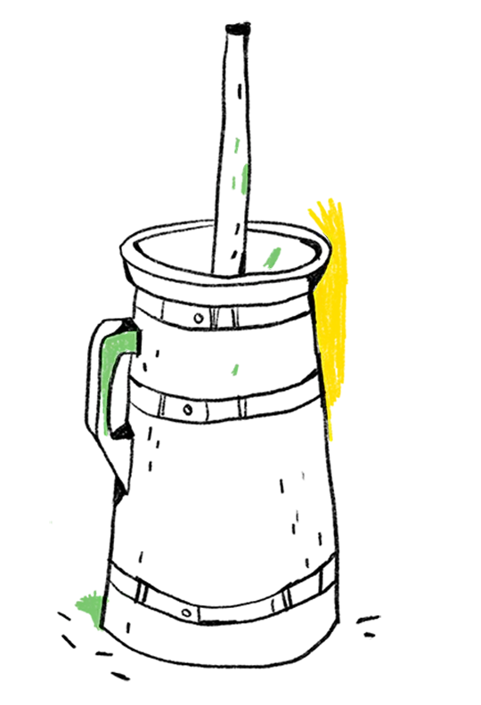 Ein längliches Butterfass mit einem Stampfer, illustriert.
