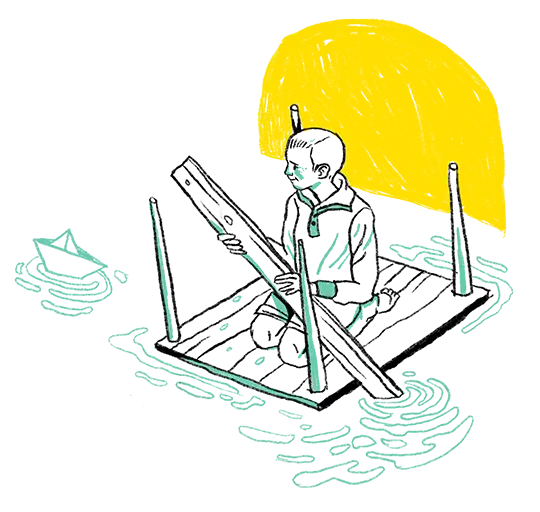 Illustration eines Jungen auf einem umgedrehten Tisch, der als Floß fungiert. Er ist umgeben von stilisierten Wasserbewegungen.