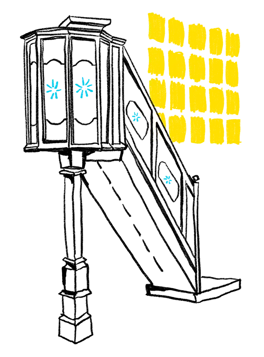 Skizze einer Kirchenkanzel mit Treppe, gelber Hintergrund.