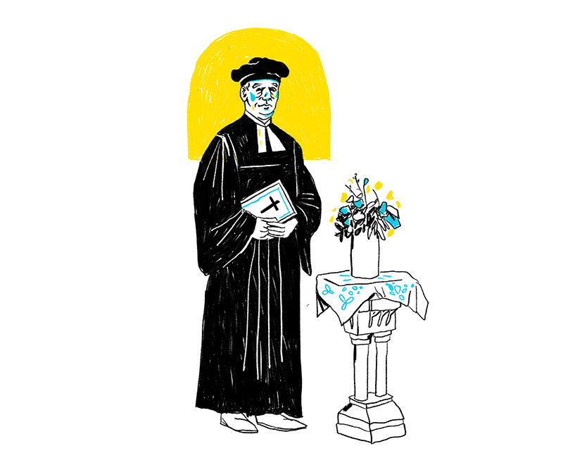 Silhouette eines Pfarrers, der in blau und schwarz dargestellt ist, mit gelber Hintergrundscheibe.