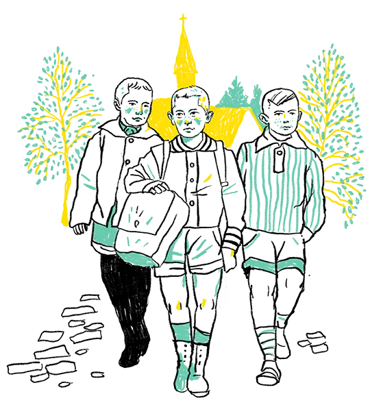 Eine gezeichnete Gruppe von Schulkinder aus früherer Zeit. Ein Schüler in der Mitte trägt eine Tasche. Im Hintergrund ist sind Kirche und Bäume angedeutet.