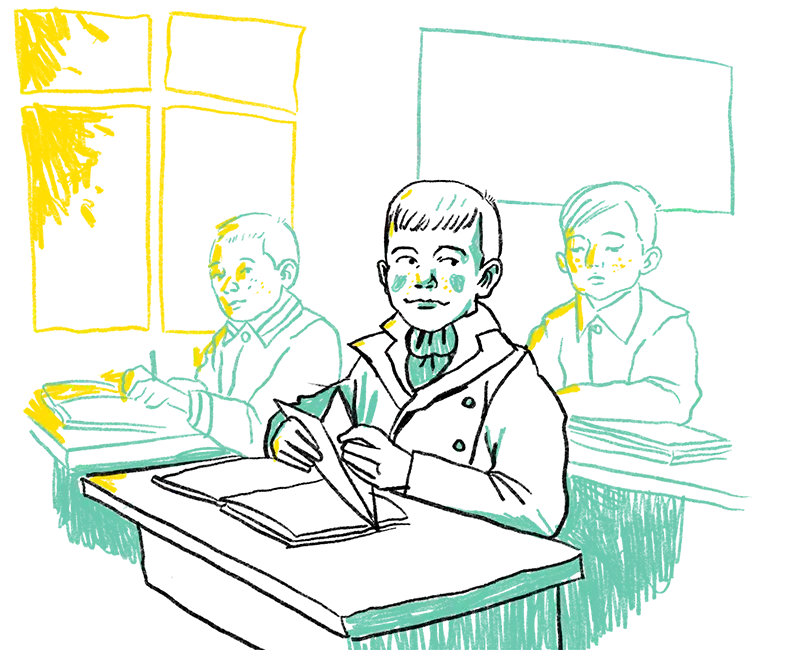 Eine Illustration von drei Schulkindern an Tischen mit aufgeschlagenen Büchern vor sich.