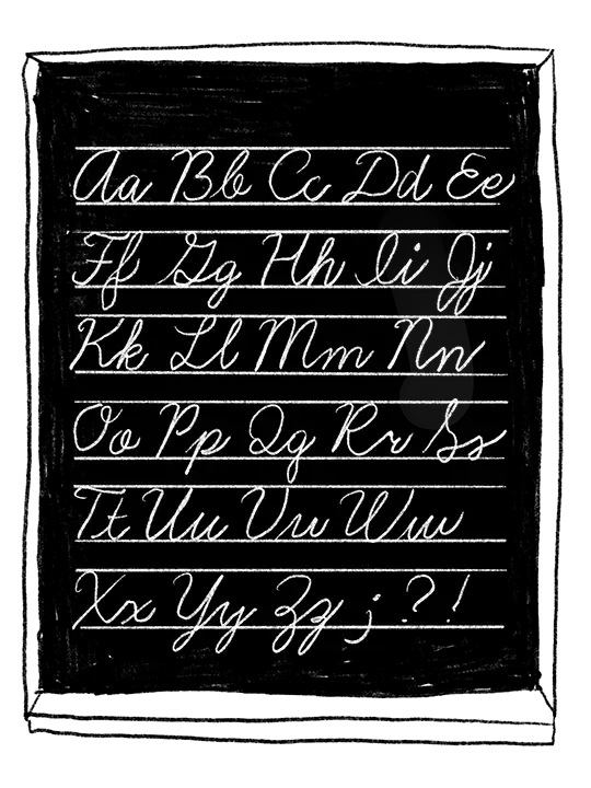 Alte Schultafel mit alphabetischen Schreibübungen in Schreibschrift.