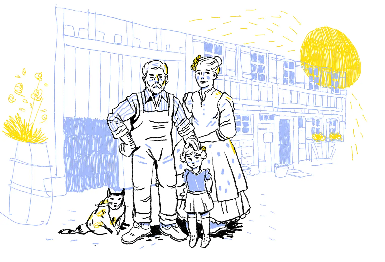 Illustration einer Familie und einer Katze vor einem Bauernhaus stehend.