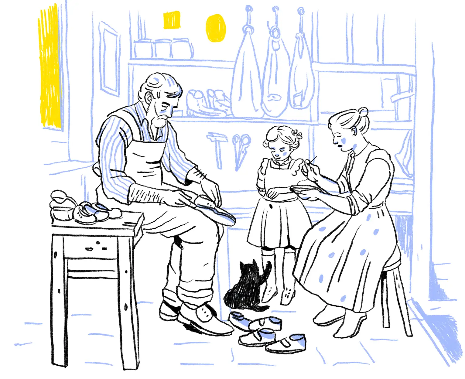 Illustration einer Familie, die jeweils Arbeitsutensilien in den Händen haben.