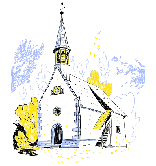 Zeichnung einer Kirche mit Turm, gelbe und lila Akzente, Bäume flankieren das Gebäude.
