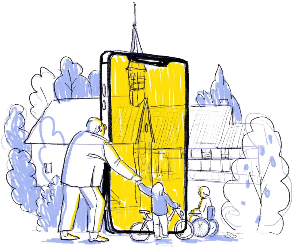 Illustration des Freiluftmuseums mit einem gezeichneten Smartphone und Menschen davor.