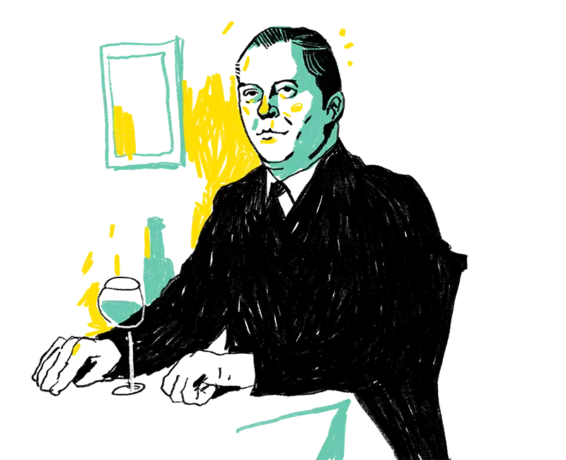 Illustration eines Mannes an einem Tisch sitzend mit einem Weinglas vor sich.