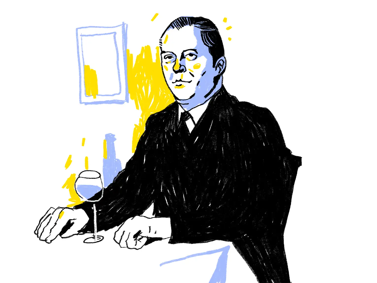 Illustration eines Mannes an einem Tisch sitzend mit einem Weinglas vor sich.