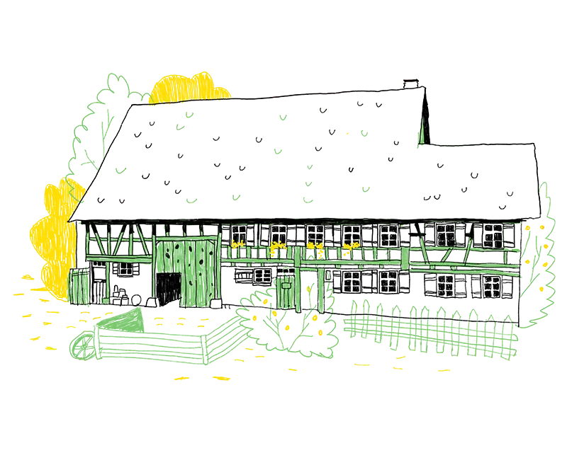 Illustration von einem Bauernhaus von außen.
