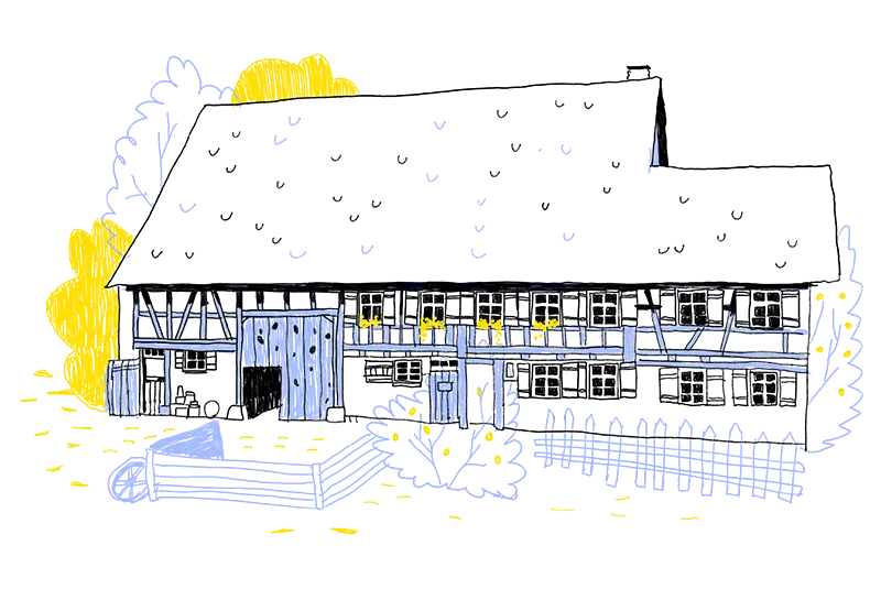 Illustration von einem Bauernhaus von außen.