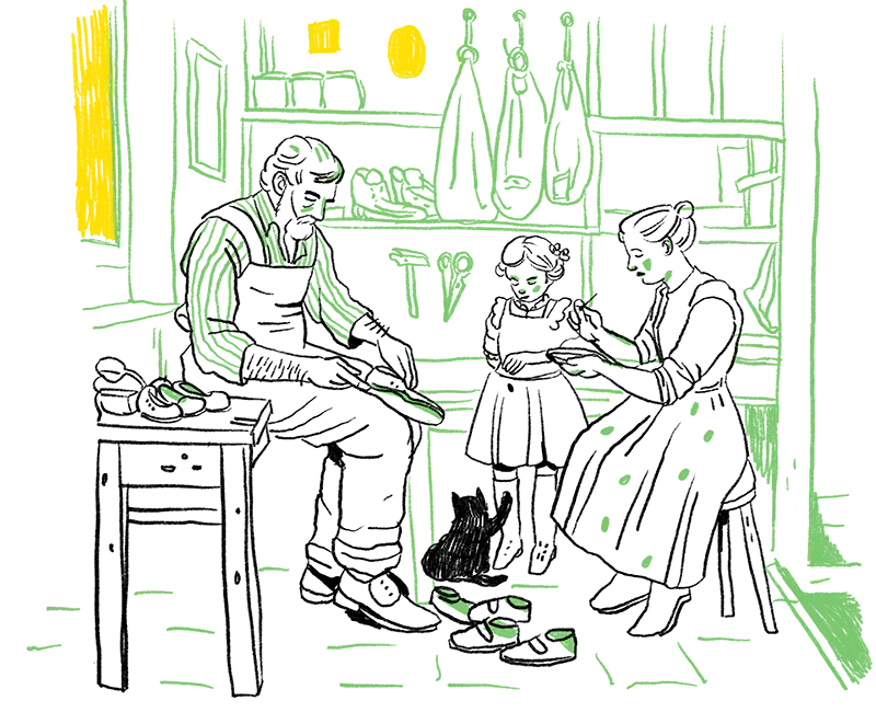 Illustration einer Familie, die jeweils Arbeitsutensilien in den Händen haben.