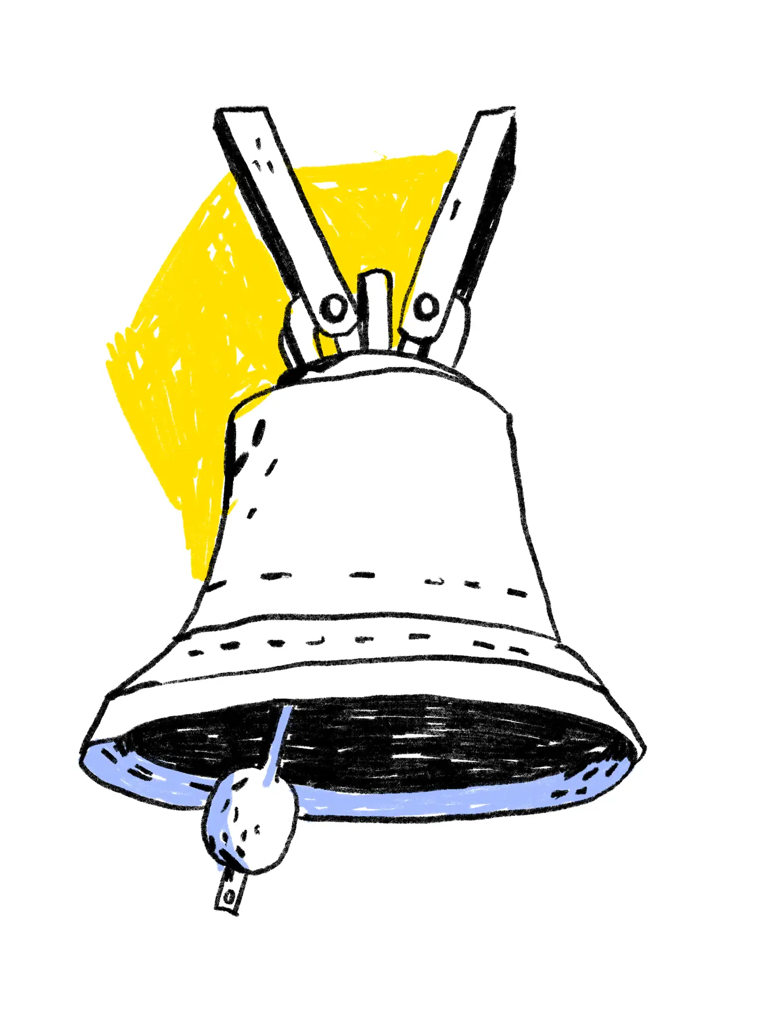 Skizze einer Glocke mit blauem Klöppel auf gelbem Hintergrund.