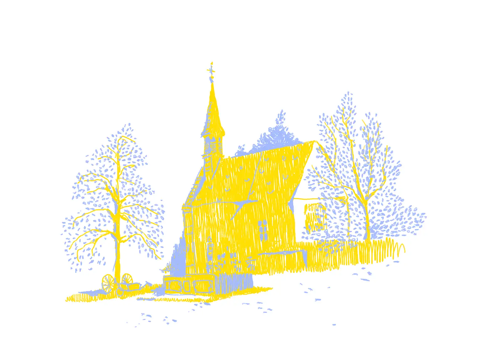 Gelb-blau gezeichnete Kirche mit Bäumen im Hintergrund und einem kleinen Vorplatz.