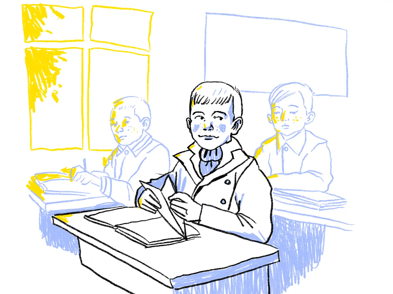 Eine Illustration von drei Schulkindern an Tischen mit aufgeschlagenen Büchern vor sich.