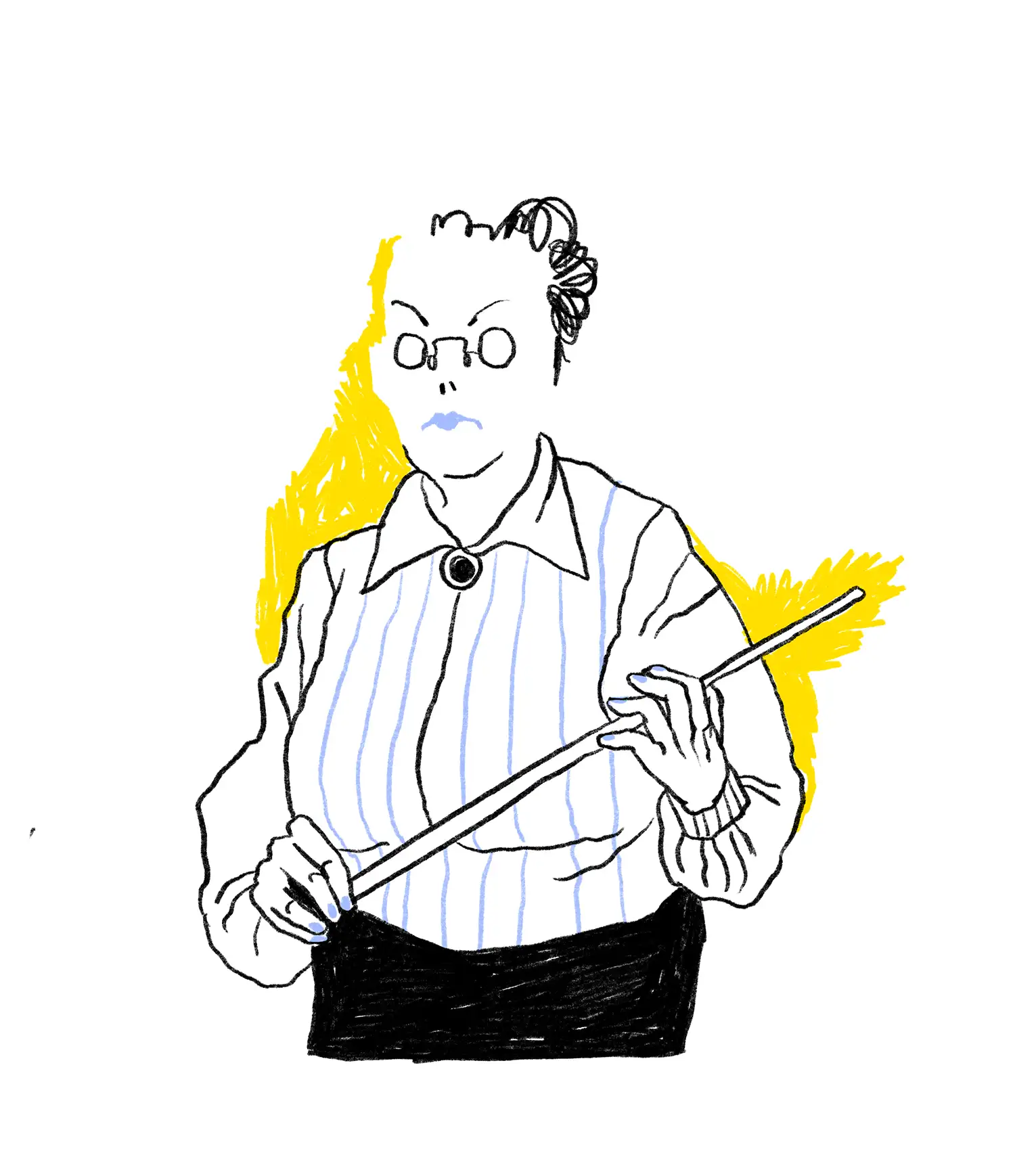 Illustration einer Lehrerin mit Brille und Bluse und einem Stock in der Hand.