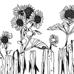 Illustrierte Sonnenblumen hinter einem Zaun aus Holzpfählen.