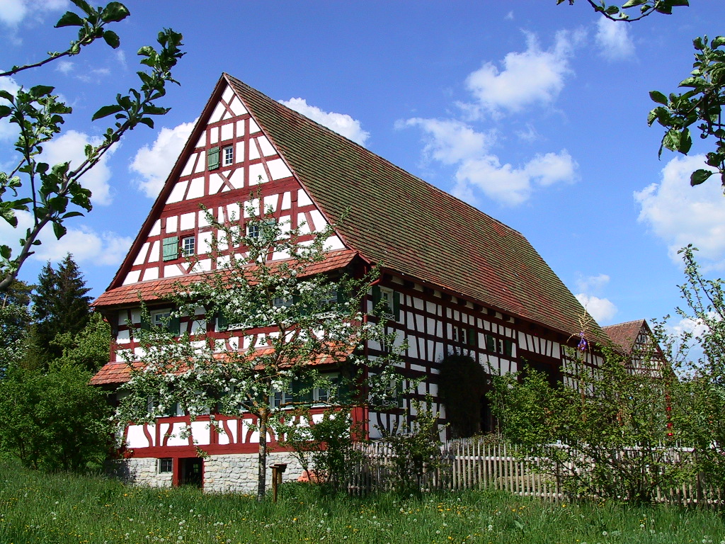 Foto: Fachwerkhaus mit rotem Gebälk, grün gestrichenen Fensterläden und großem Satteldach. Das Haus steht inmitten einer blühenden Wiese, umgeben von Obstbäumen und einem Holzzaun.