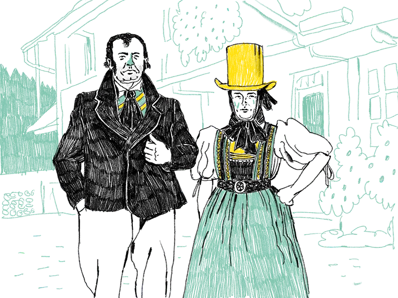 Illustration von einem Mann und einer Frau, die in traditioneller Kleidung vor einem Haus stehen. Er trägt eine schwere schwarze Jacke und eine Krawatte auf einem Hemd. Sie trägt ein Kleid mit einem verzierten Oberteil und einem langen Rock und hat einen hohen Zylinder auf dem Kopf. Sie hat ihre linke Hand in die Hüfte gestemmt.