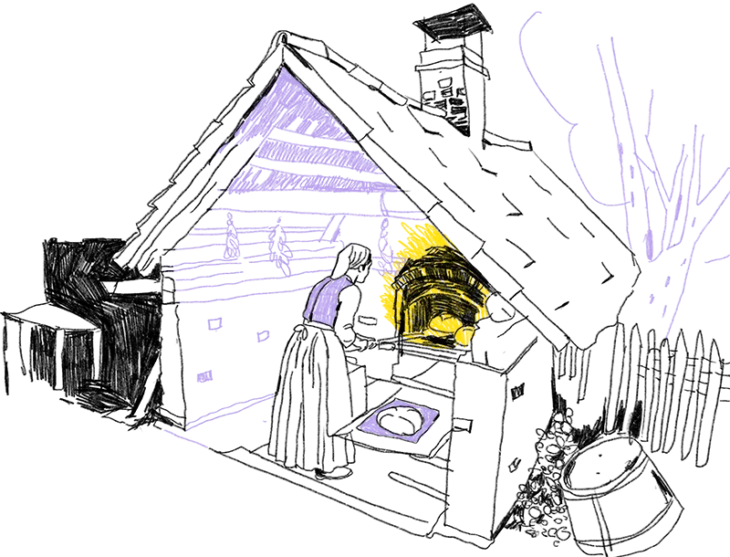 Illustration von einem kleinen Haus mt Schornstein, das an der Front keine Wand hat. In dem Haus steht eine Frau vor einem Ofen, der in der hinteren Wand eingelassen ist und holt ein Brot heraus.