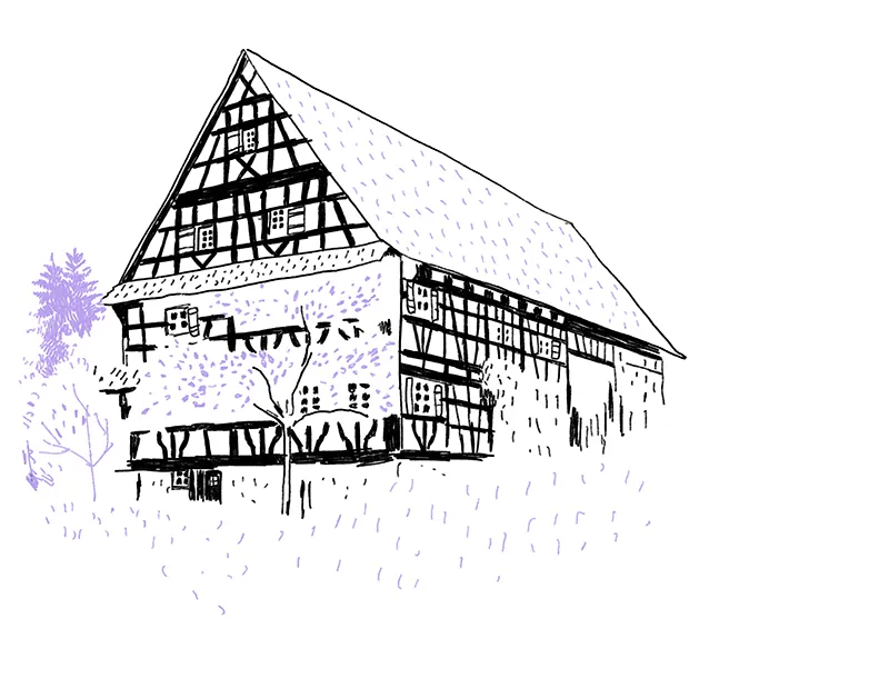 Illustration eines Fachwerkhasues mit hohem Dach, das von Bäumen und Sträuchern umgeben ist.