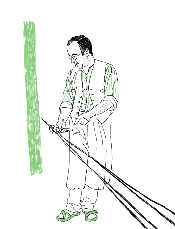 Illustration eines Mannes mit kurzen Haarne und einer Brille steht neben an einem Holzmast, an dem Seile befeestigt sind und arbeitet an den Seilen.
