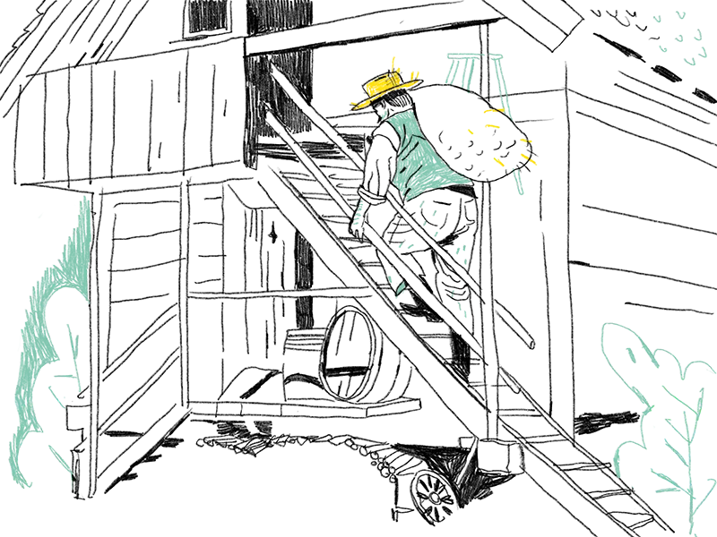Illustration von einem Mann, der eine Treppe zum Eingang eines Hauses hochgeht. Er geht nach vorne gebeugt und trägt einen Sack auf dem Rücken.