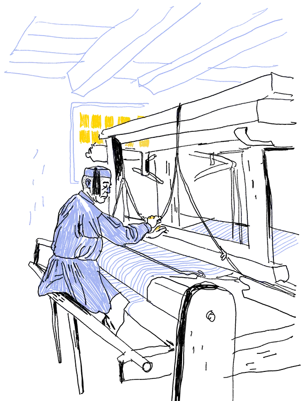 Illustration eines Mannes in einem knielangen Gewand mit einer kurzen Mütze an der oben eine Quaste befestigt ist, die an der Seite herunterhängt. Er sitzt an einem langen großen Webstuhl in einem Raum.