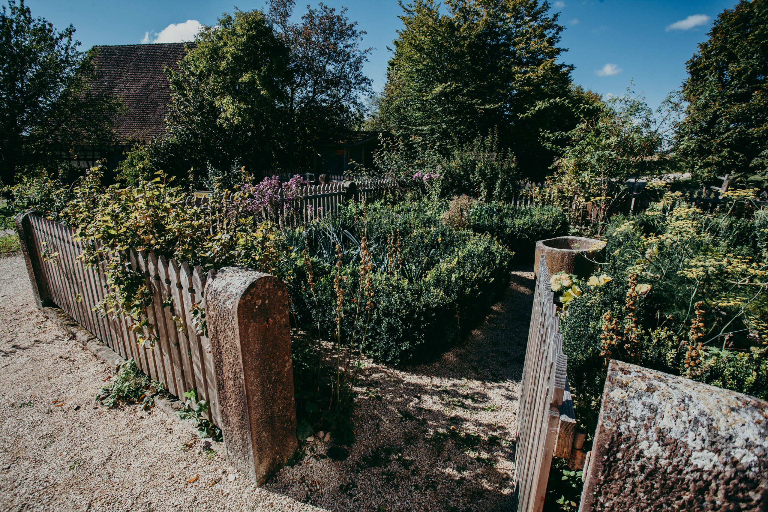 Foto: Umzäunter historischer Bauerngarten mit dicht bepflanzten Kräuter- und Gemüsebeeten, dazwischen ein Kiesweg. Im Hintergrund sind Bäume. Ein Dach blitzt zwischen den Bäumen hervor.