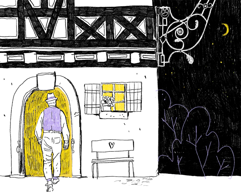Illustration: Mann in traditioneller Kleidung geht nachts in ein Gasthaus rein, in dem Licht brennt.