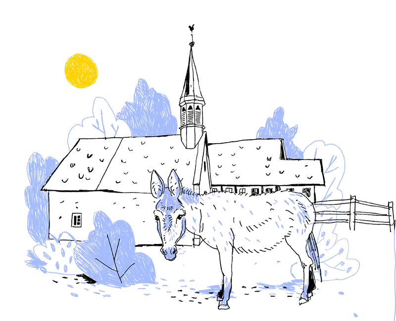 Zeichnung eines Esels vor der Dorfkirche mit seinem hohen Kirchturm.
