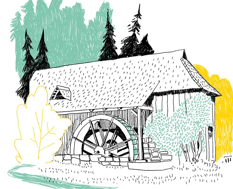 Illustration der Säge mit seinem großen Wasserrad an der Hauswand.