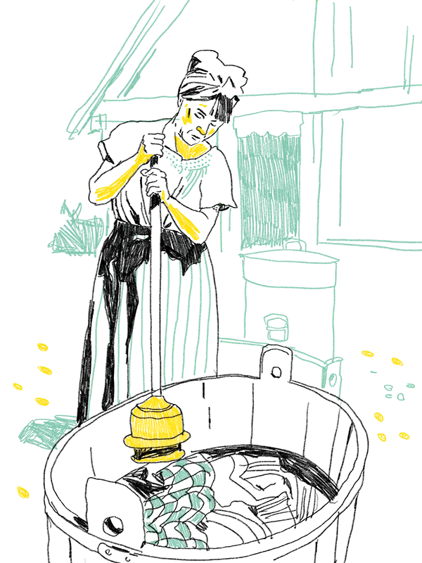 Illustration einer Frau mit langem, kurzärmeligen Kleid, die hinter einem Fass steht, indem Wäsche liegt.