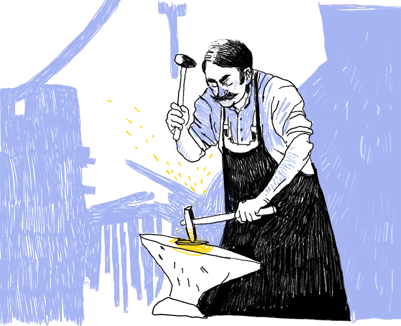 Illustration eines Mannes mit kurzem dunklen Haar, einem Hemd und darüber eine lange Schürze. Er steht hinter einem Amboss und hämmert mit dem Hammer in der einen Hand auf das auf dem Amboss liegende Stück.