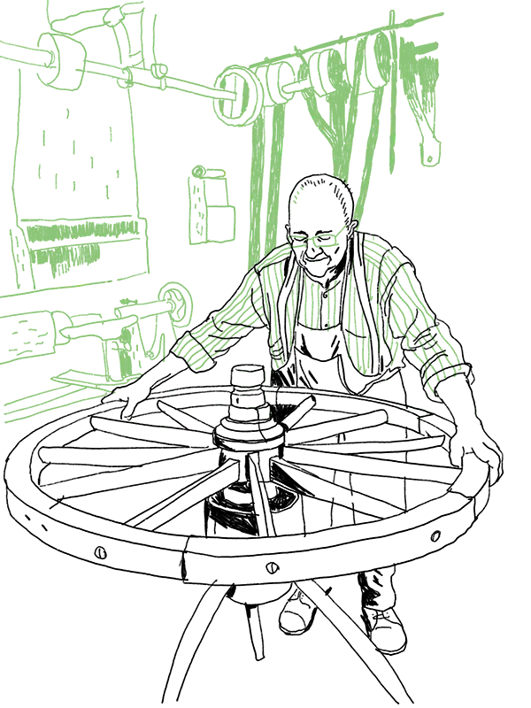Illustration eines Mannes in einer Werkstadt, der über ein großes Rad gebeugt ist, das so groß wie seine Armspanne ist.