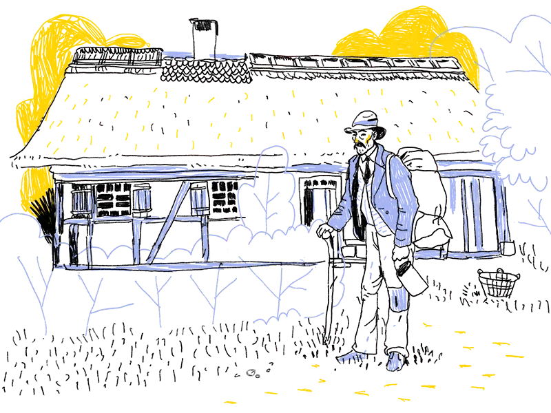 Illustration eines Tagelöhners mit weiter Hose, anzugartigen Jacke, Krawatte und Hut. Auf dem Rücken hat er einen großen Sack gespannt, er ist auf einen Stock gestütz und trägt in der anderen Hand ein Trinkgefäß. Im Hintergrund ist ein langes Haus.