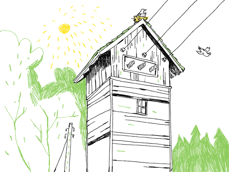 Illustration eines Holzturms, von dem Kabel abgehen, die am Turm befestigt sind.